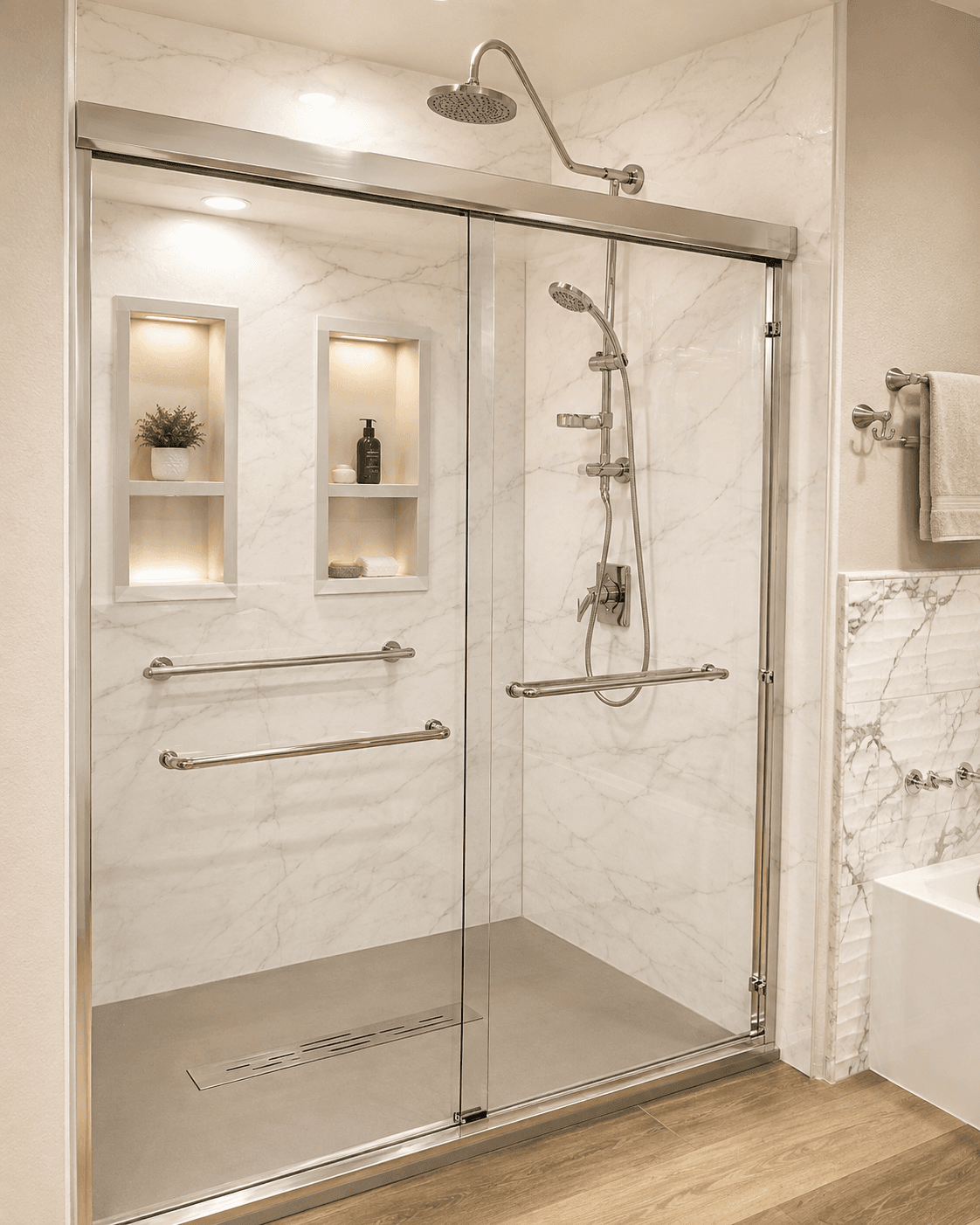 Luxury walk-in shower with marble tile, glass sliding doors, dual showerheads, built-in shelving with lighting, and brushed nickel fixtures