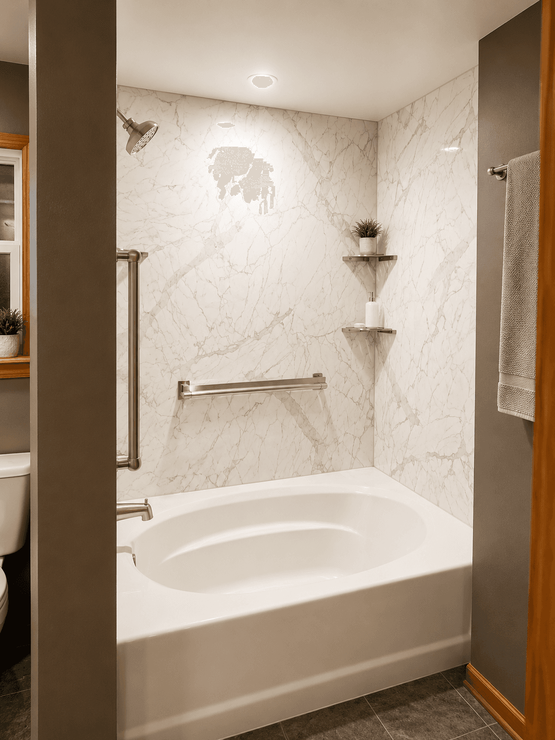 Modern bathroom with white marble tile surround, soaking tub, rainfall showerhead, floating shelves, and brushed nickel fixtures