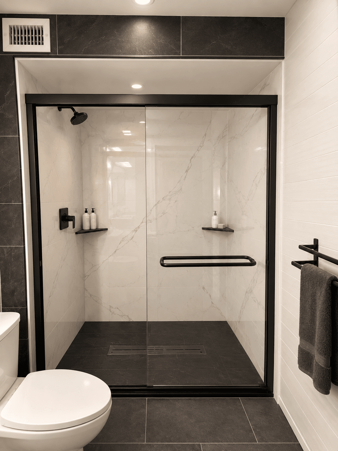 Modern bathroom shower-tub combo with marble tile surround, chrome fixtures, recessed shelving with potted plant, and towel rack