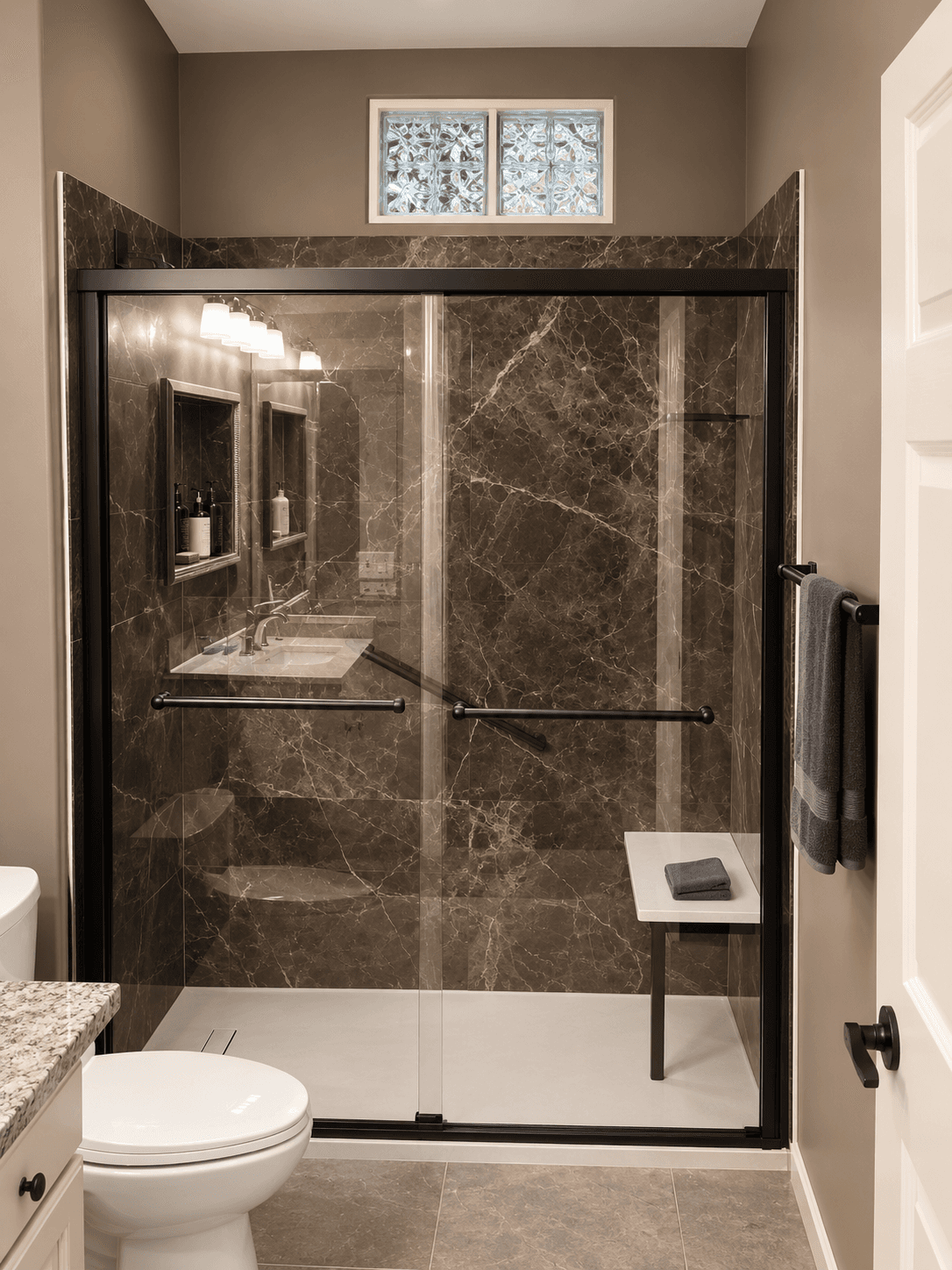Modern bathroom with walk-in shower enclosed by glass doors and dark marble tile, vanity sink with mirror, white toilet, and towel rack