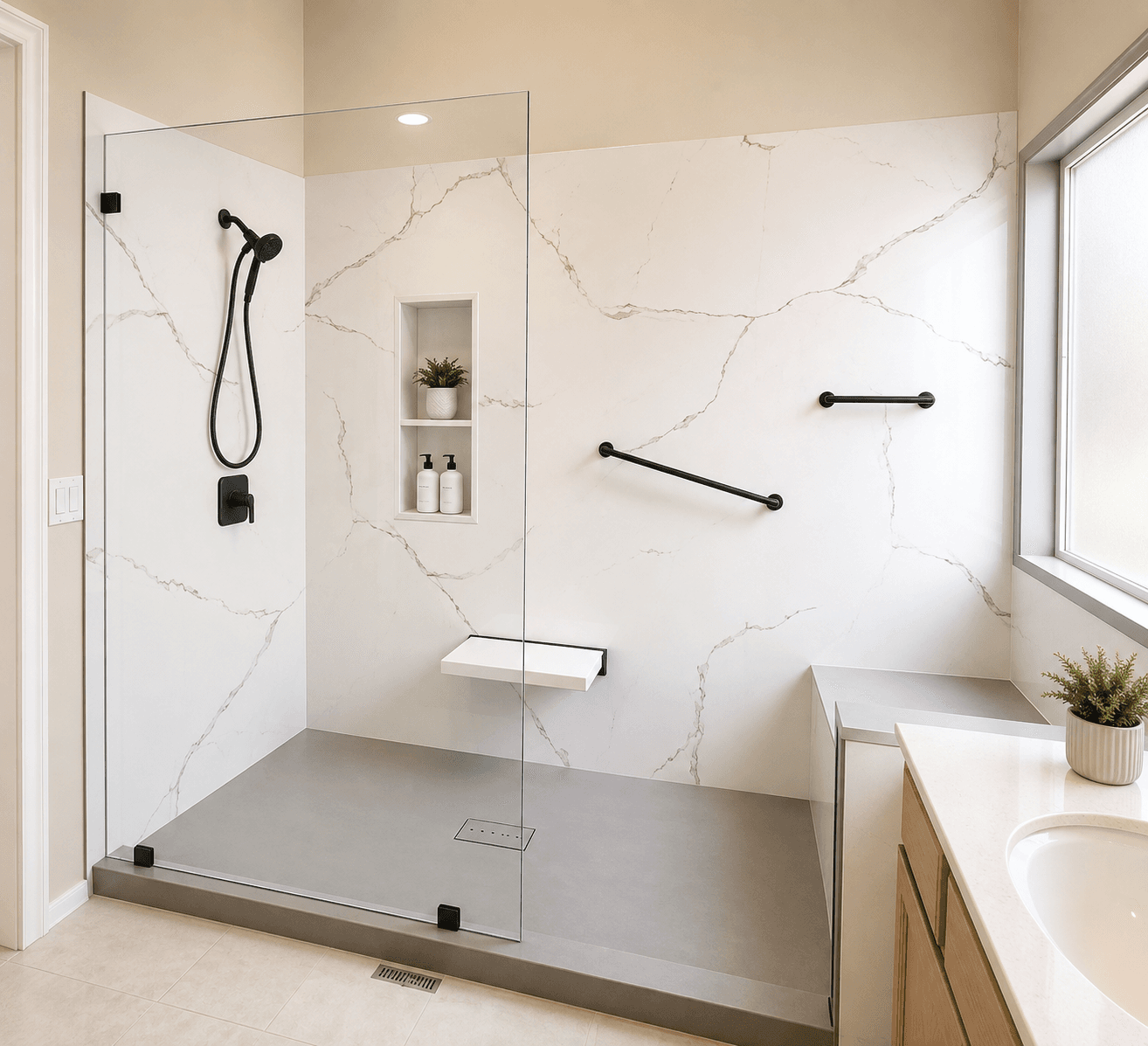 Modern bathroom with walk-in shower featuring marble-look tile walls, black fixtures, built-in shelving with toiletries, and glass enclosure doors