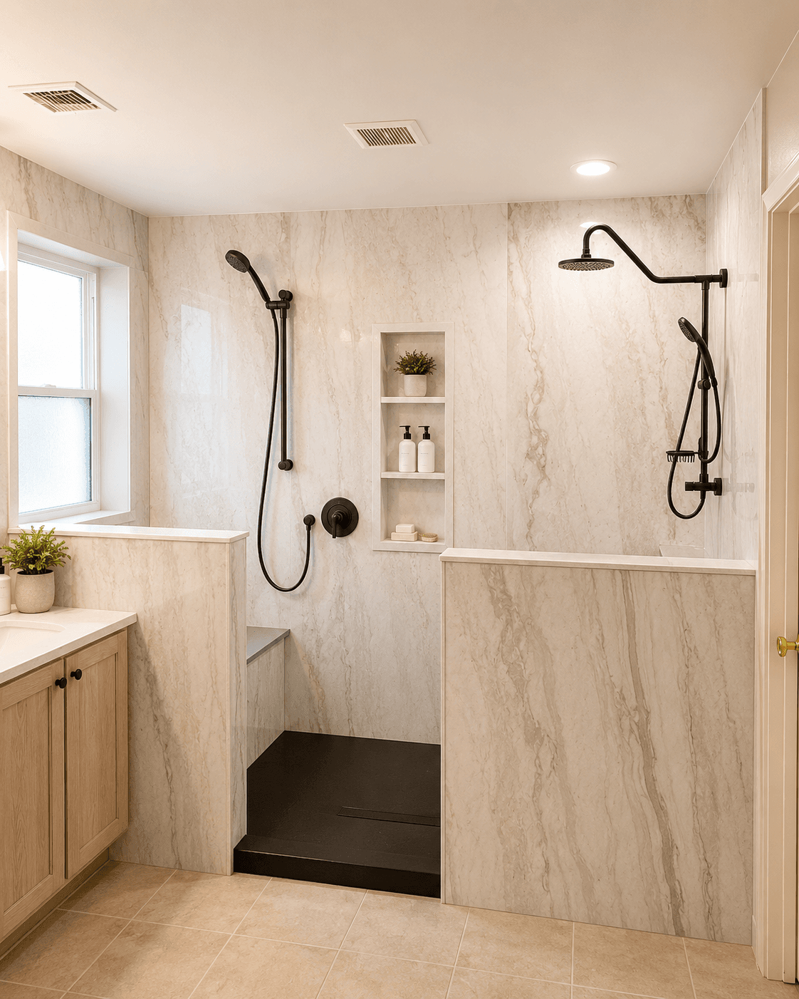 Modern bathroom with open walk-in shower featuring marble tile walls, two black showerheads, wooden vanity with sink, built-in shelf niche, and window with natural light
