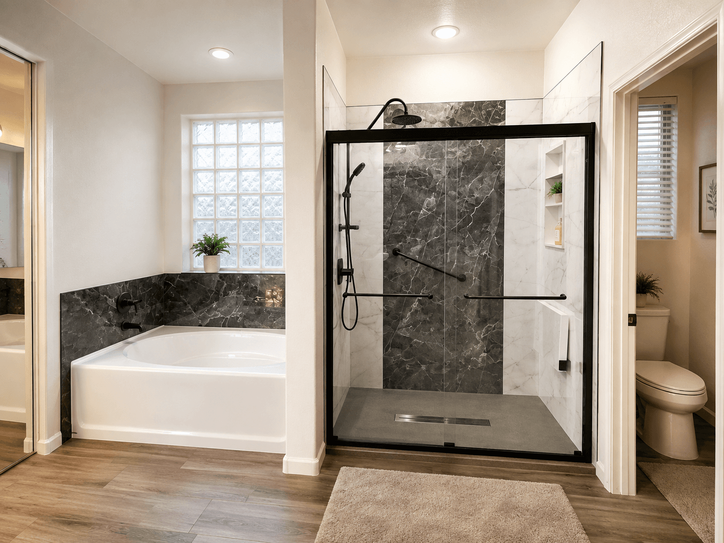 Modern bathroom with white soaker tub on left and walk-in shower with black frame and dark marble tile on right, separated by column, toilet visible through doorway