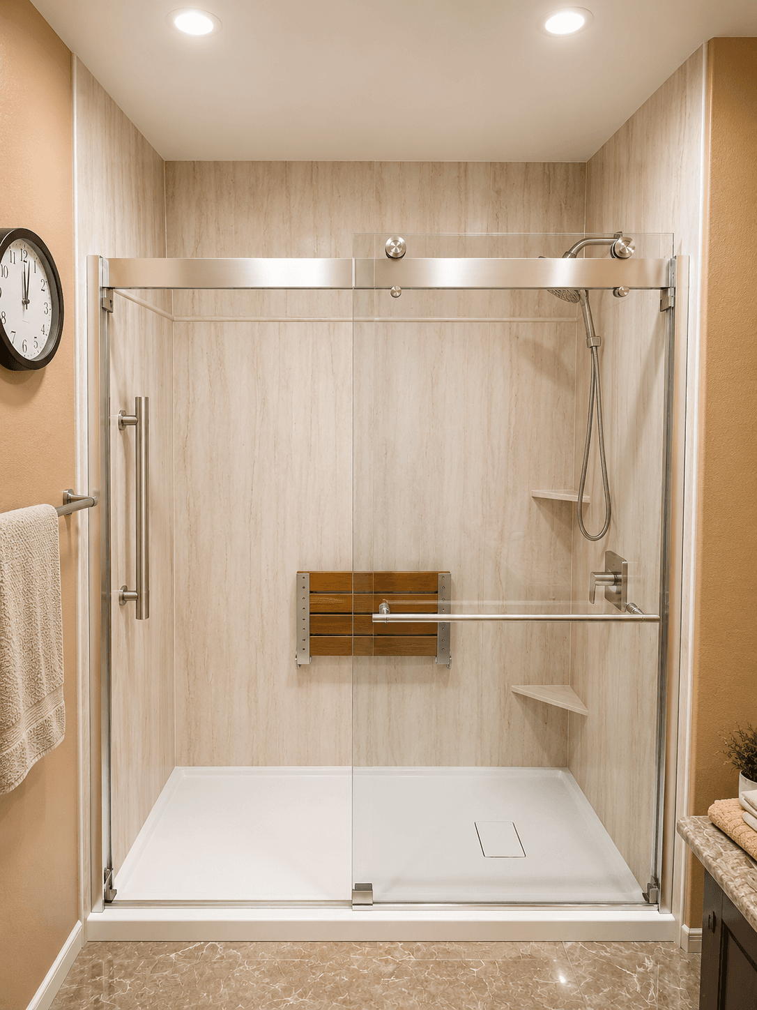 Modern bathroom with walk-in shower enclosure featuring glass sliding doors, wood-look tile walls, built-in wooden bench, chrome fixtures, and white base tray