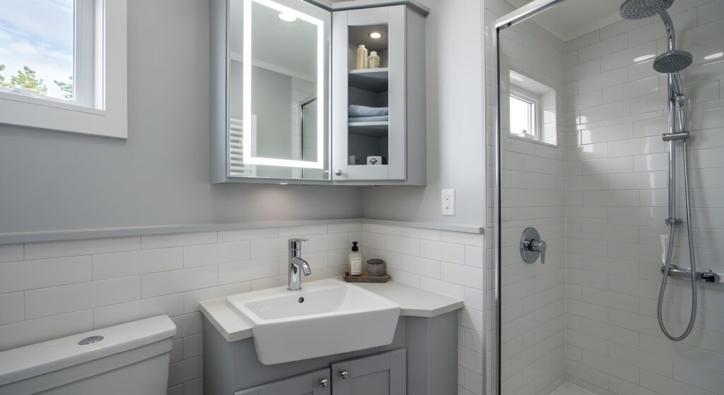 walk-in shower in small bathroom