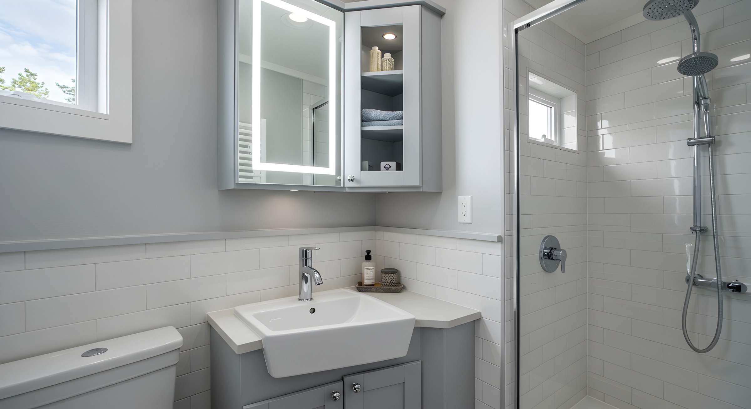walk-in shower in small bathroom